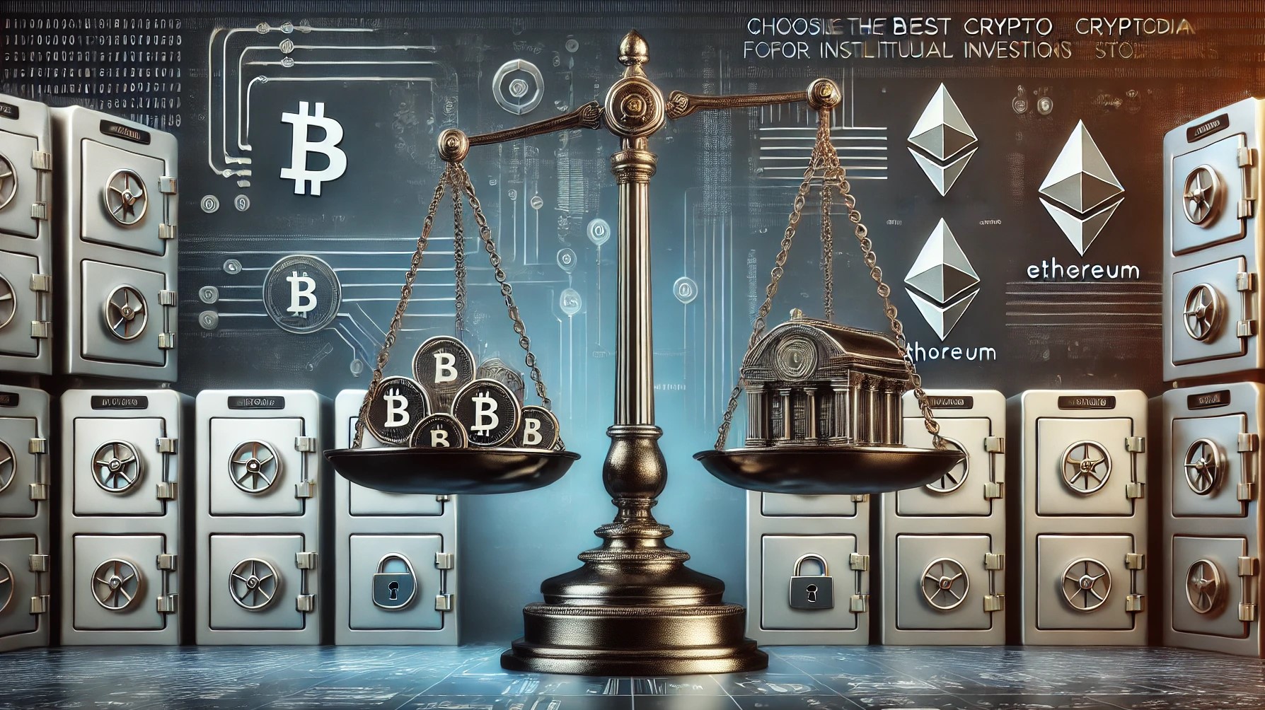 Choosing the best crypto custodian for institutional investors with a balance scale, secure vault, and digital assets.