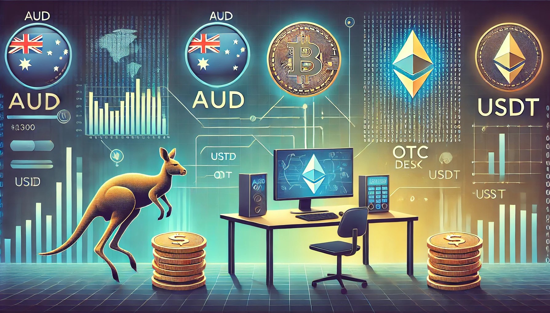 Illustration of converting AUD to USDT using an OTC desk, featuring Australian Dollar and Tether symbols, blockchain elements, and secure transaction graphics.