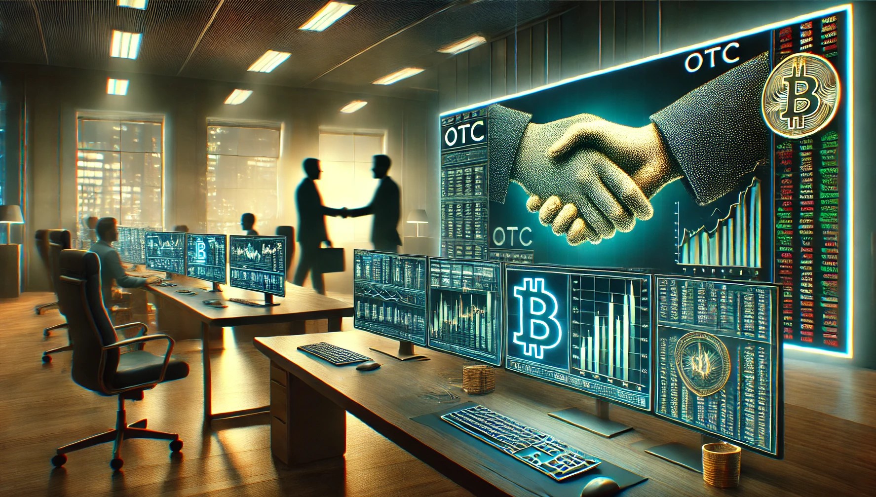 Trader facilitating a private cryptocurrency transaction at an OTC desk with secure, confidential trading environment.