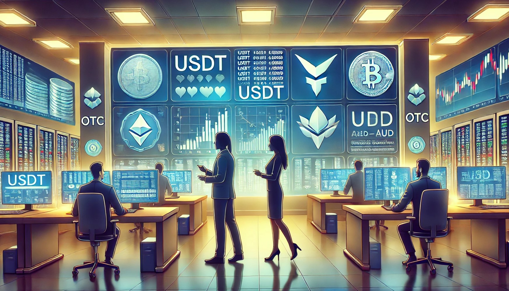 Cryptocurrency OTC trading desk with USDT to AUD conversion, showcasing secure and confidential high-volume transactions.