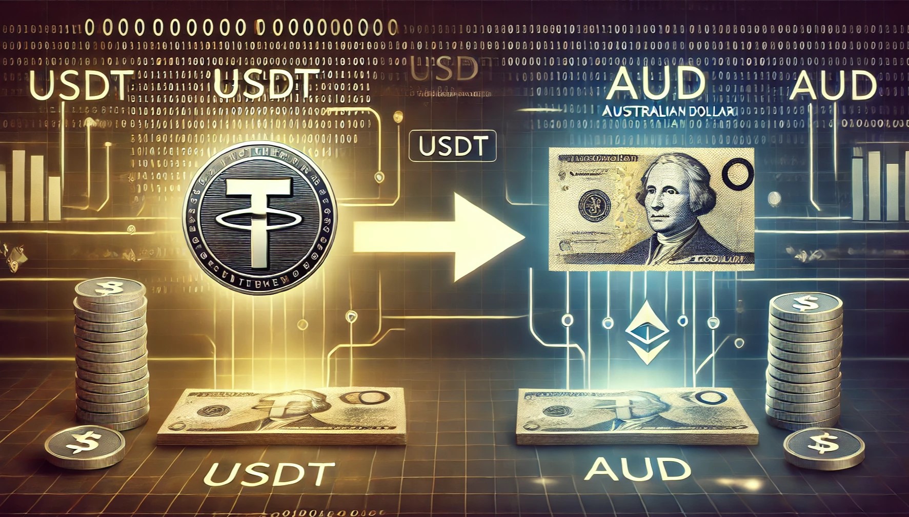 Illustration showing the process of converting USDT to AUD with digital currency symbols and conversion steps." Title: "USDT to AUD Conversion Process Illustration