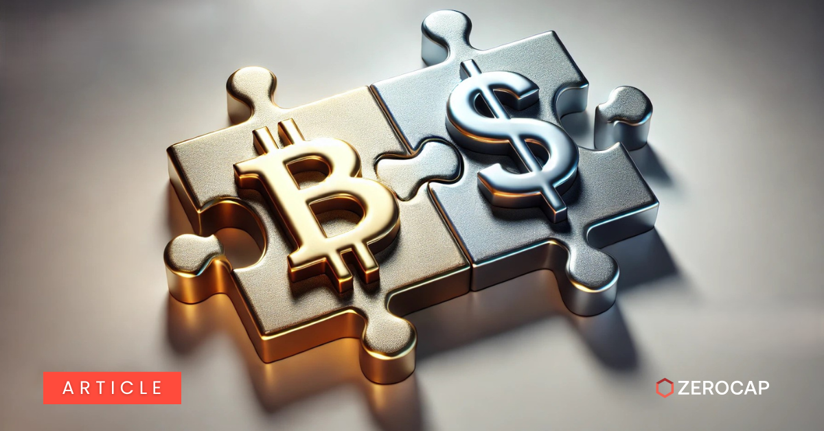 Gold Bitcoin puzzle piece fitting with silver U.S. dollar puzzle piece, symbolizing evolving Bitcoin and dollar index correlation.