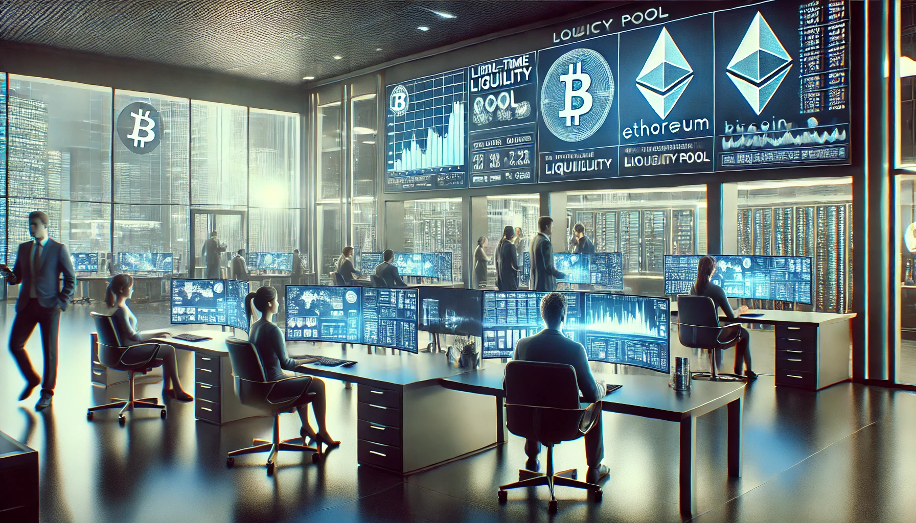 Modern cryptocurrency trading environment highlighting liquidity providers crypto, with professionals engaging in advanced trading systems and liquidity pools.